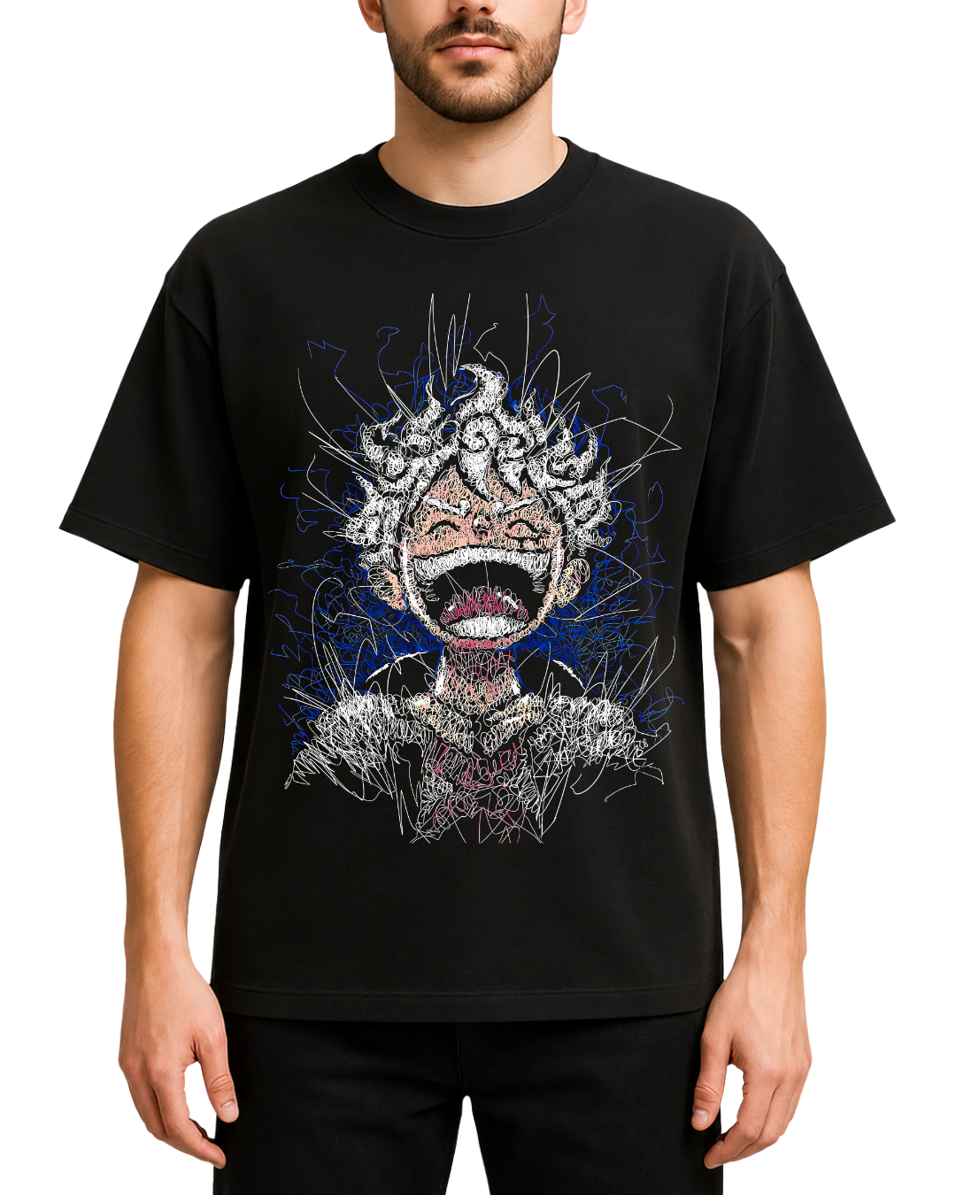 Luffy Gear 5 Scribble Anime Oversized Black T-Shirt