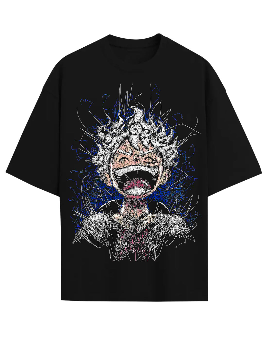 Luffy Gear 5 Scribble Anime Oversized Black T-Shirt