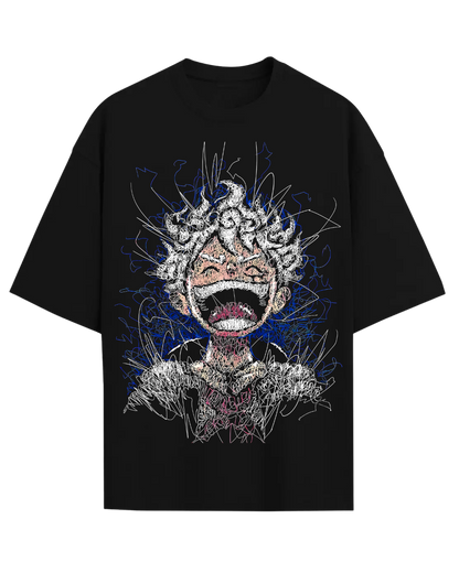 Luffy Gear 5 Scribble Anime Oversized Black T-Shirt