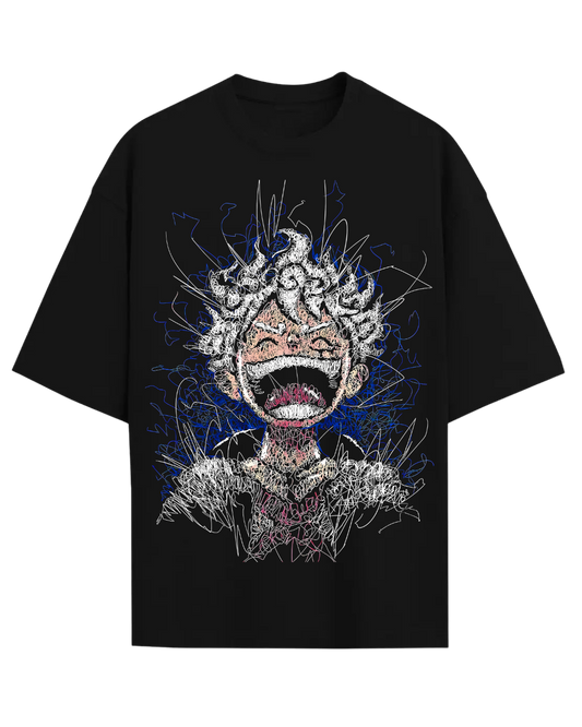 Luffy Gear 5 Scribble Anime Oversized Black T-Shirt