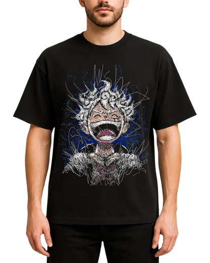 Luffy Gear 5 Scribble Anime Oversized Black T-Shirt