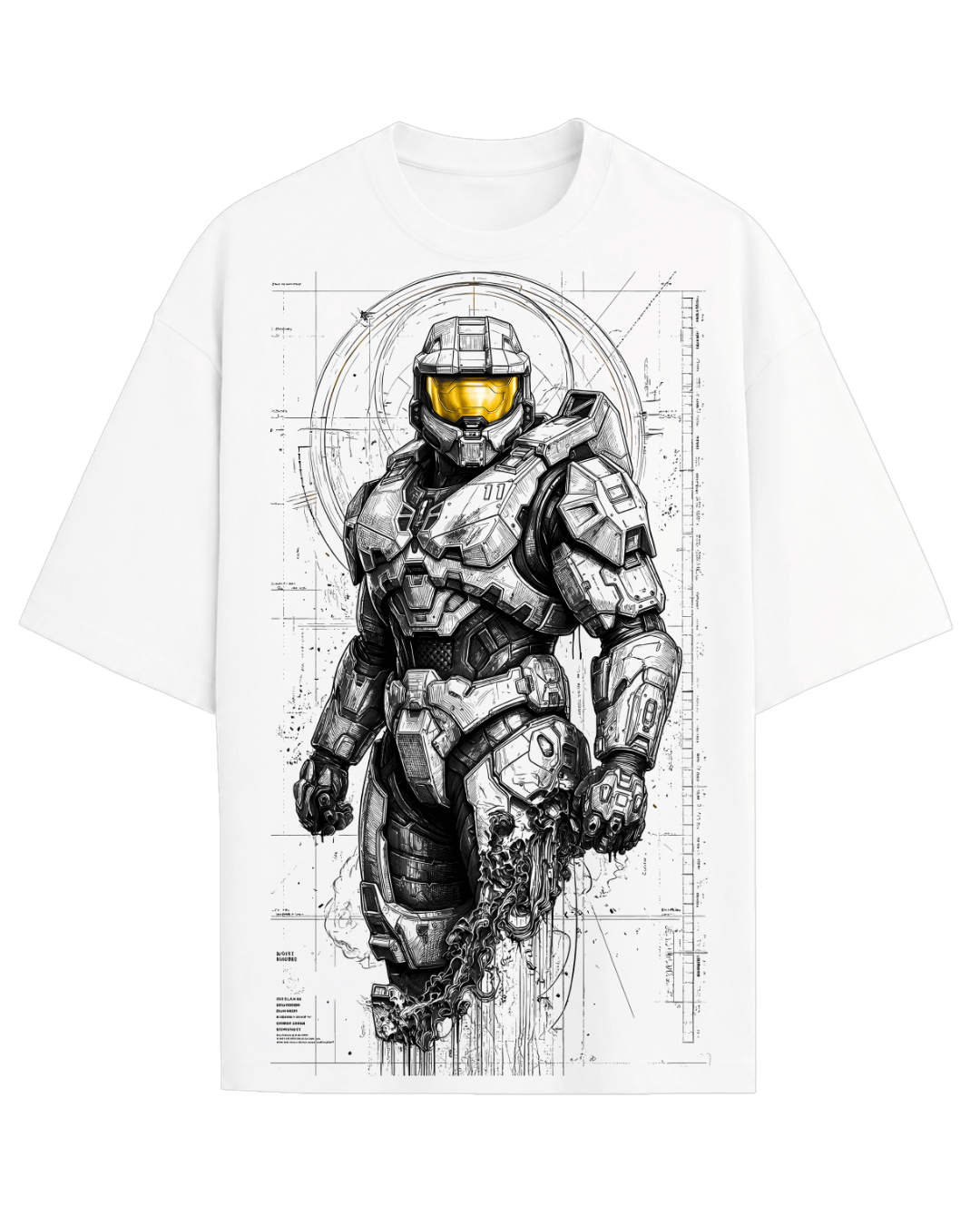 Halo Master Chief Spartan Gaming Sketch Art Graphic Oversized Drop Shoulder Streetwear Tee