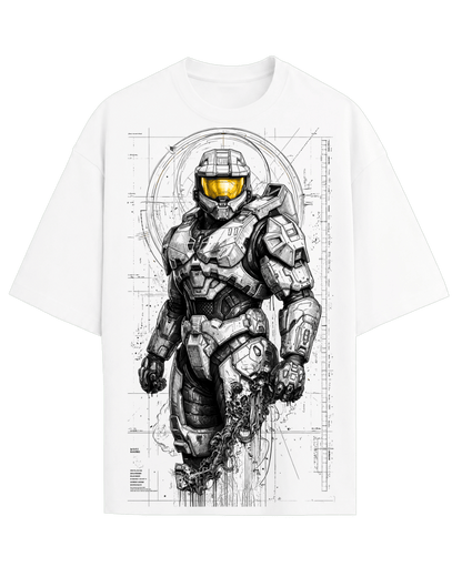 Halo Master Chief Spartan Gaming Sketch Art Graphic Oversized Drop Shoulder Streetwear Tee