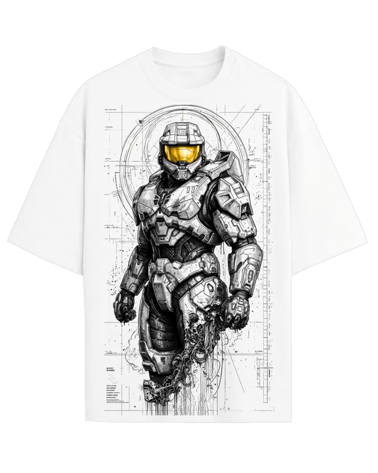 Halo Master Chief Spartan Gaming Sketch Art Graphic Oversized Drop Shoulder Streetwear Tee