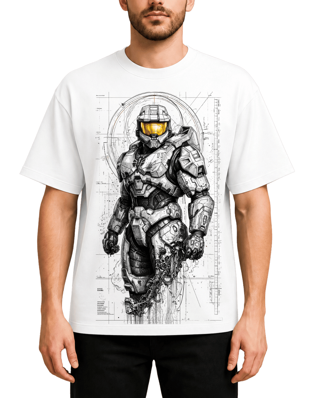 Halo Master Chief Spartan Gaming Sketch Art Graphic Oversized Drop Shoulder Streetwear Tee