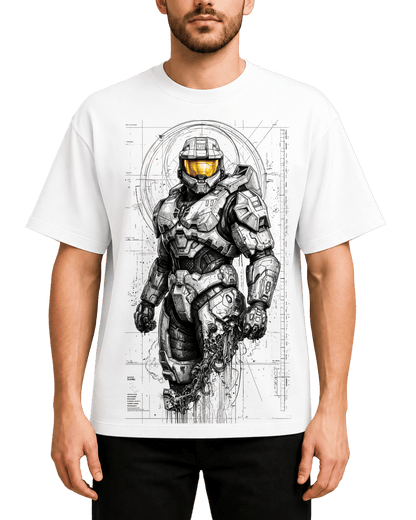 Halo Master Chief Spartan Gaming Sketch Art Graphic Oversized Drop Shoulder Streetwear Tee