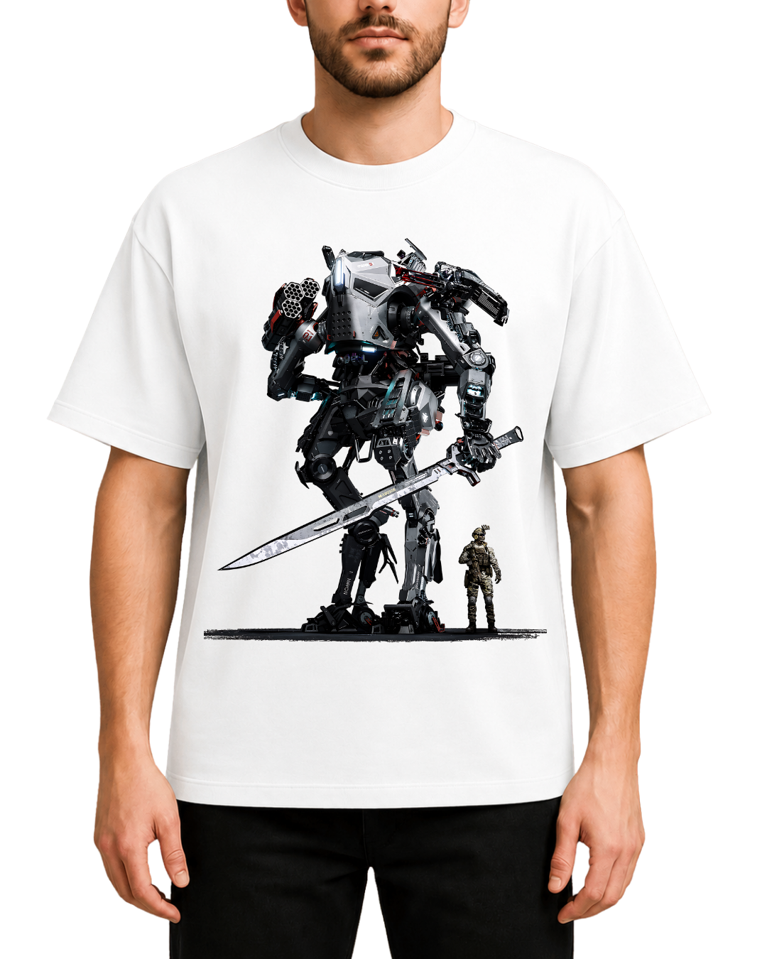 Sci-Fi Mech Robot Sword Graphic Oversized T-Shirt