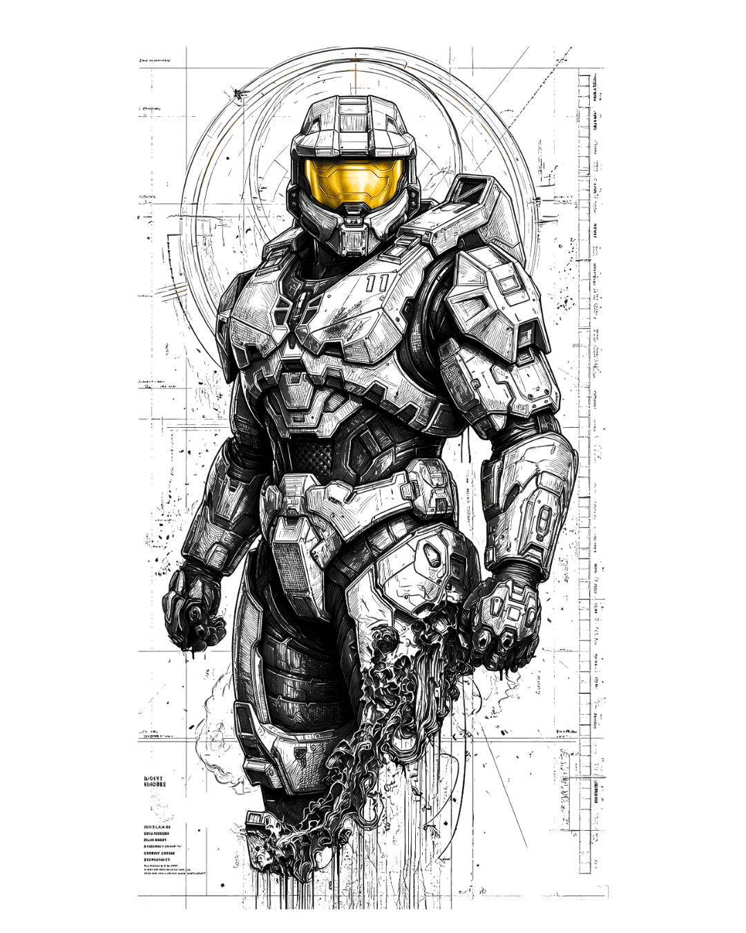 Halo Master Chief Spartan Gaming Sketch Art Graphic Oversized Drop Shoulder Streetwear Tee
